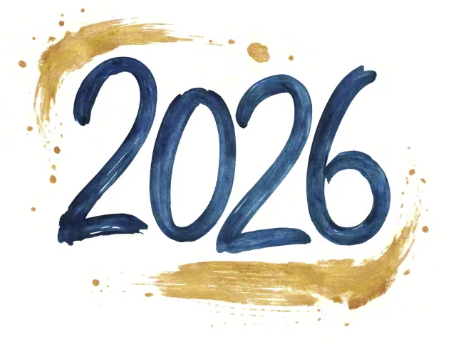 Blue and gold brushstroke 2026 text on white background