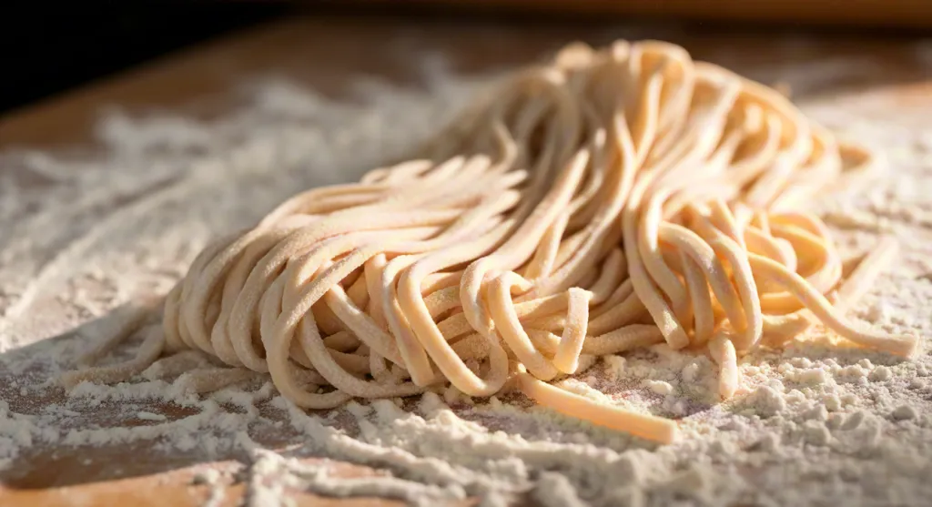 Handmade pasta dough dusted with flour on table
