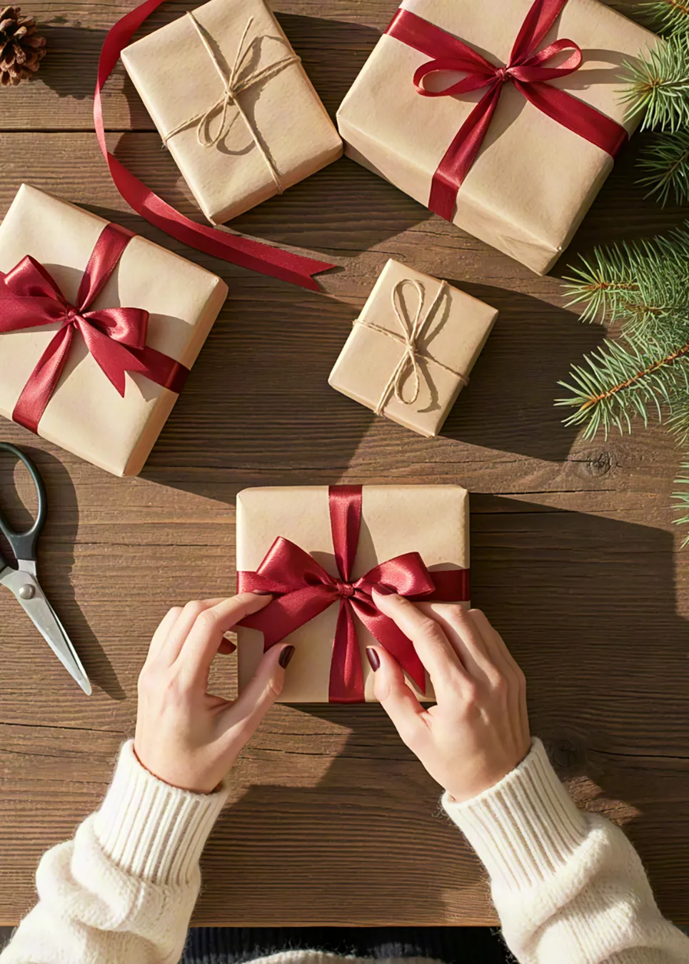Top-view of hands decorating wrapped Christmas presents with red bows