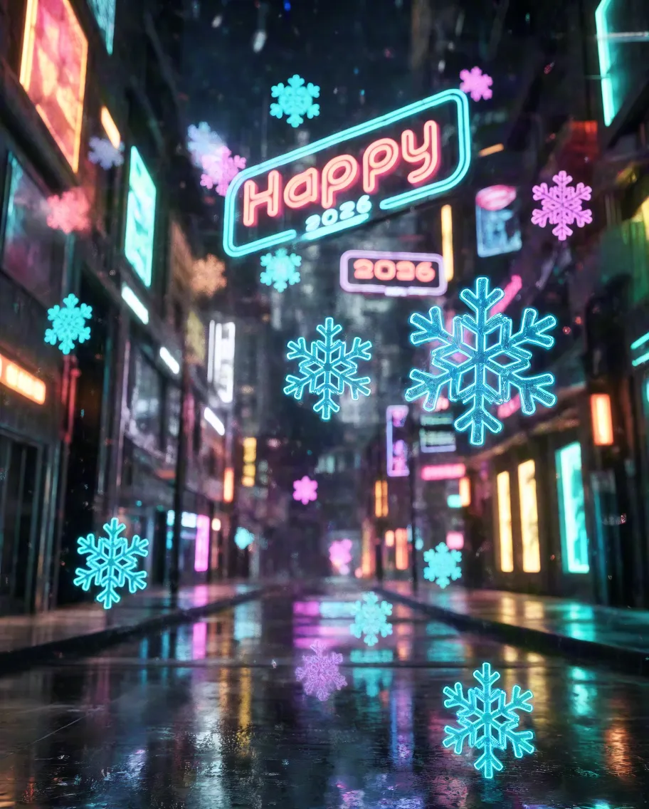 Vibrant neon-filled street with Happy 2025 sign and glowing reflections