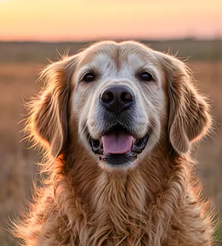 Golden retriever with soft fur sitting on grassy field during golden hour.