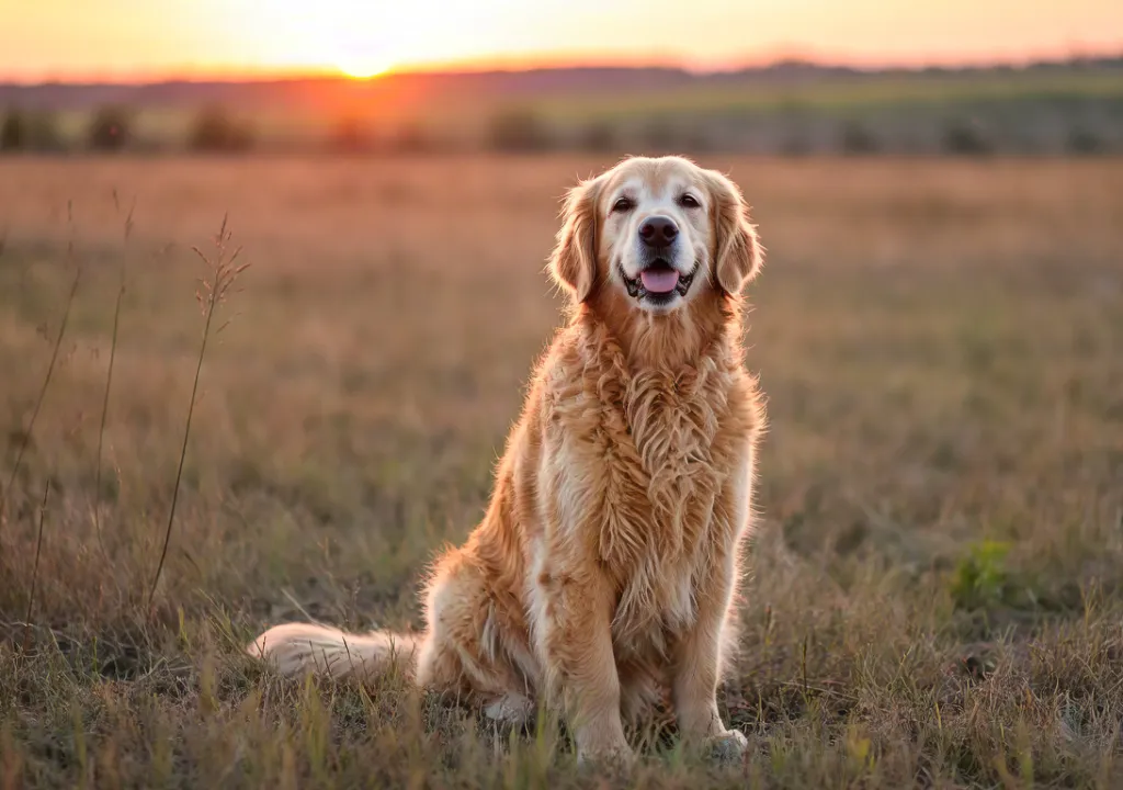 Happy golden retriever enjoying the sunset outdoors