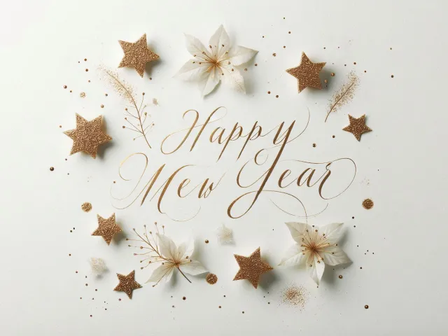 White and gold Happy New Year greeting with stars and ornaments