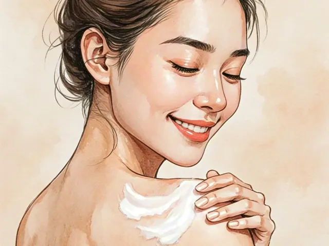 Young woman smiling and applying skincare cream on her shoulder.