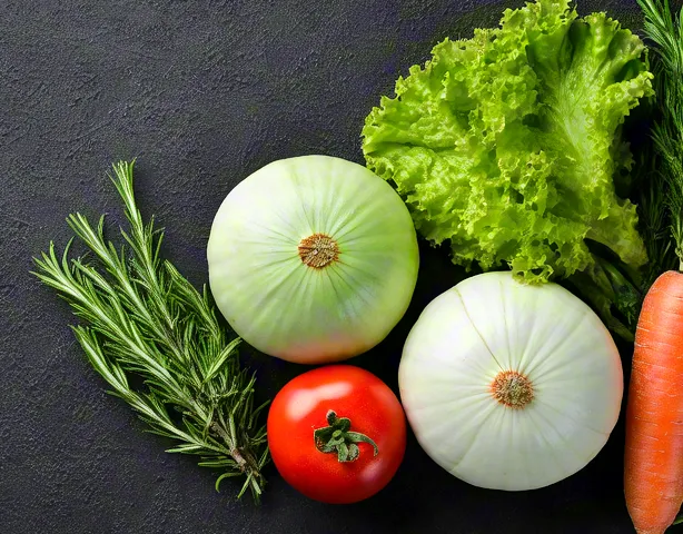 Top view of organic vegetables on dark textured background.