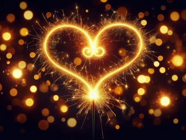 Glowing heart made of sparkling golden lights on dark background