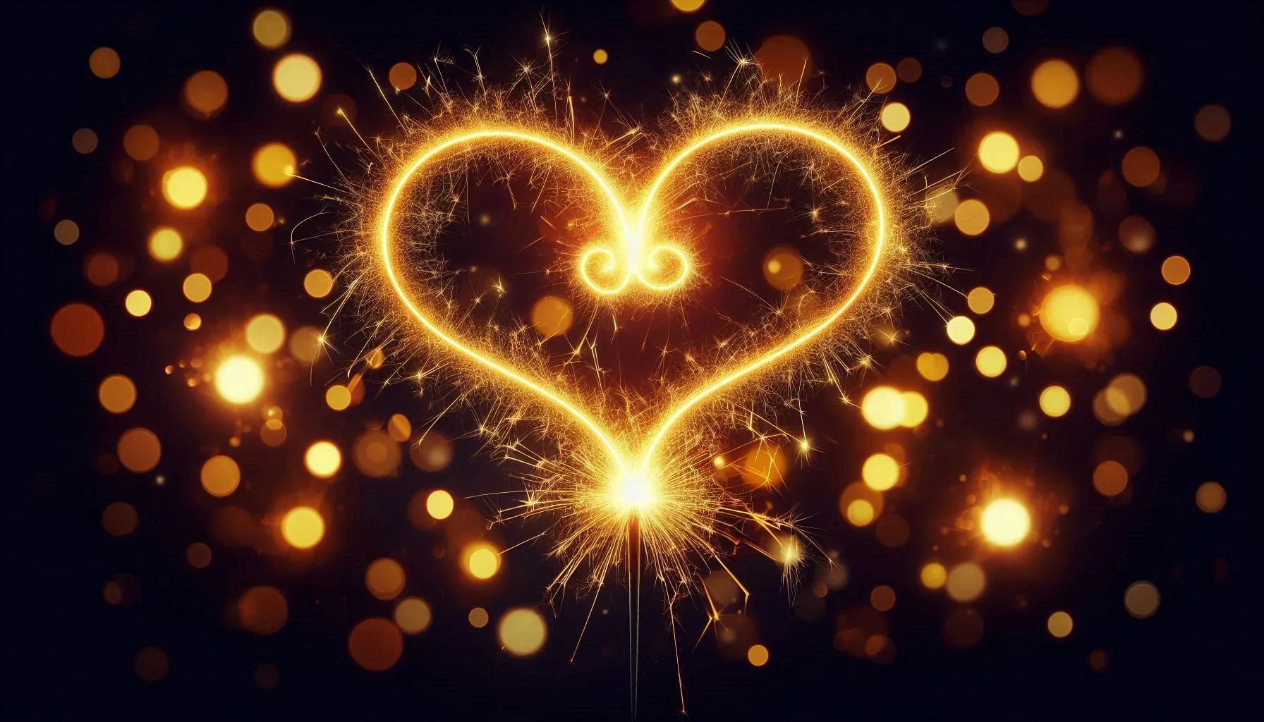 Glowing heart made of sparkling golden lights on dark background
