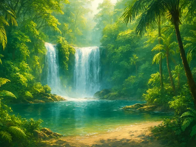 lush jungle landscape with a small waterfall