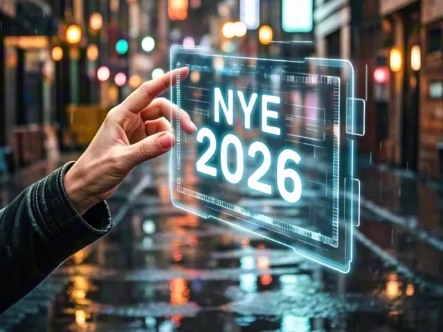 hand interacting with holographic nye 2026 display in rainy futuristic street