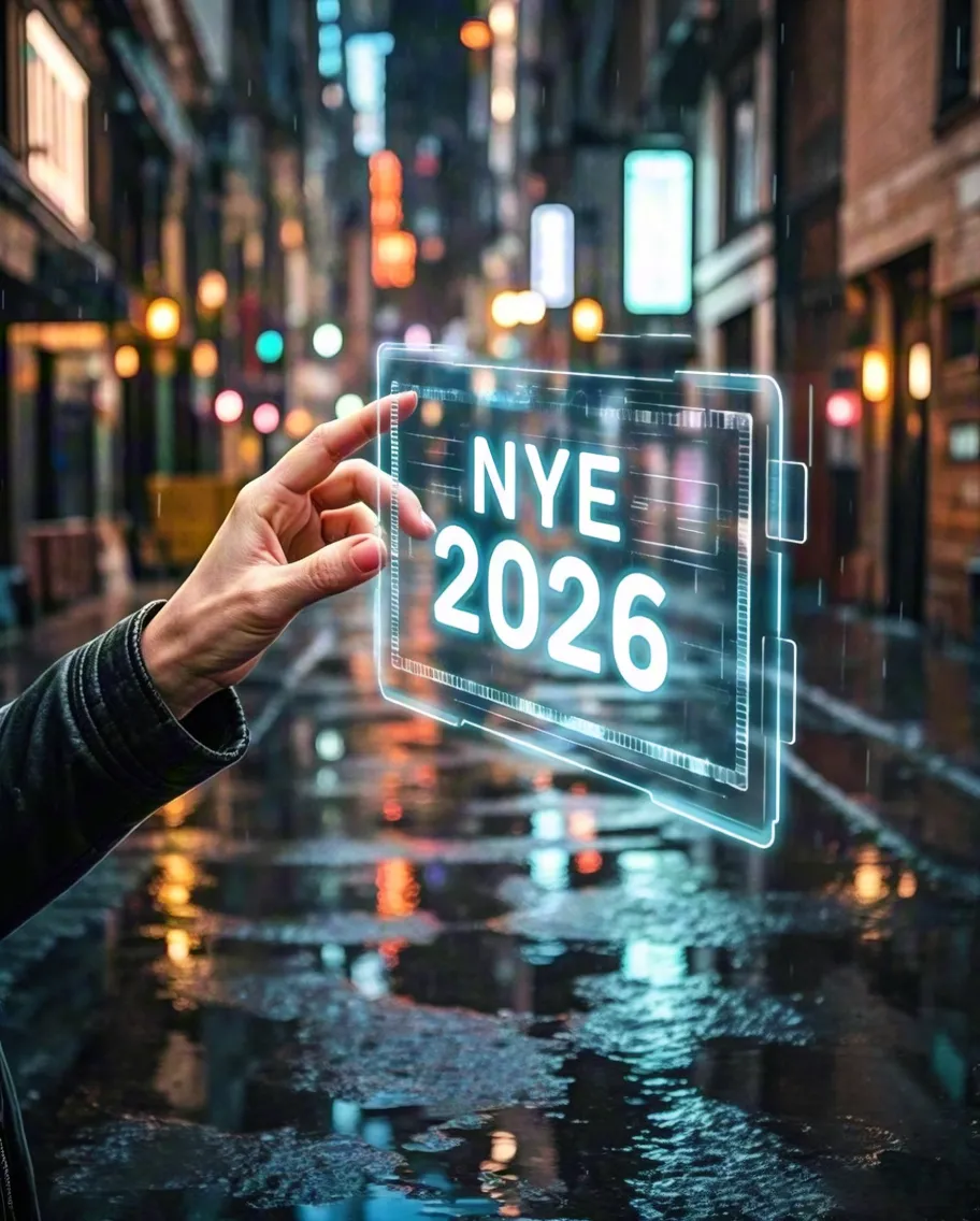 hand interacting with holographic nye 2026 display in rainy futuristic street