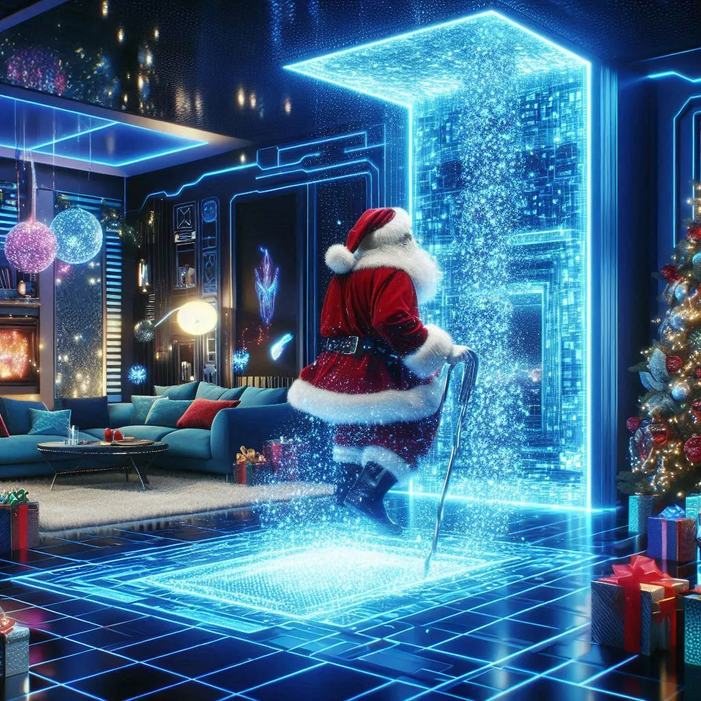 Hologram Santa in futuristic Christmas room