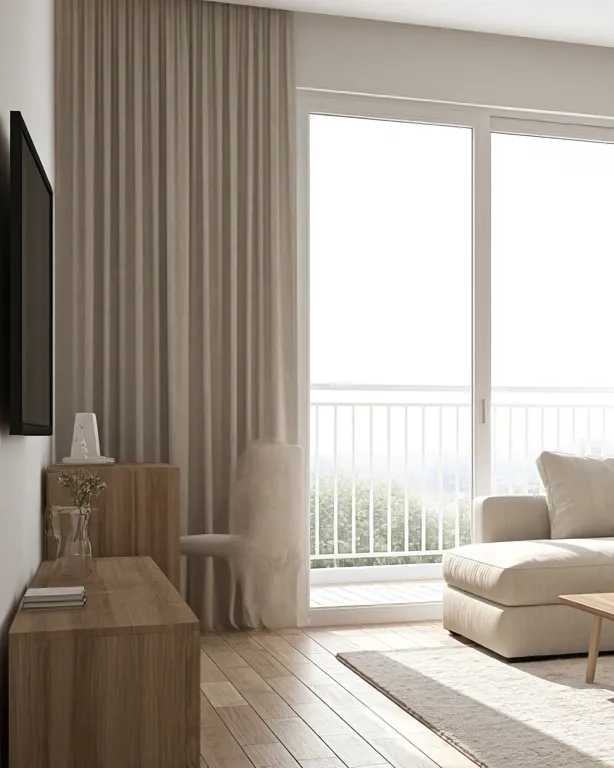 Home interior with neutral tones and sunlight