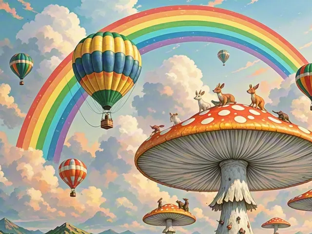Colorful hot air balloons flying above giant mushroom with rainbow