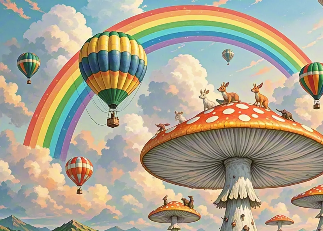 Colorful hot air balloons flying above giant mushroom with rainbow