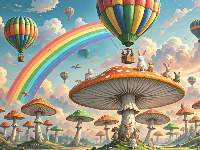 Colorful hot air balloons and rainbow floating above giant mushroom city