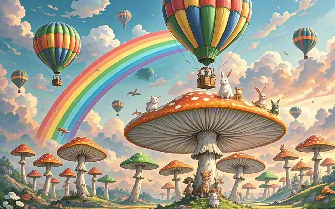Colorful hot air balloons and rainbow floating above giant mushroom city