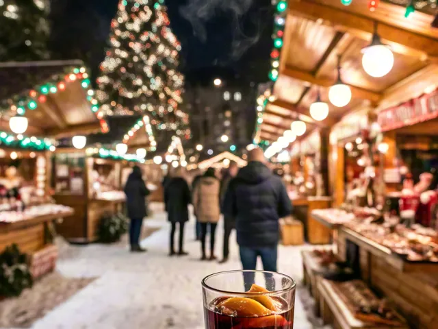 Person holding a warm beverage at a festive outdoor holiday market