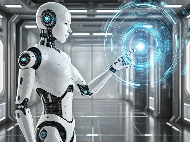 White android interacting with blue hologram