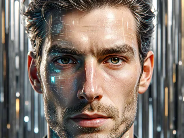 Man with neon cyberpunk reflections on face