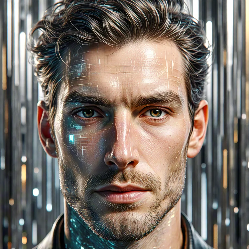 Hyper-realistic portrait of man with neon reflections