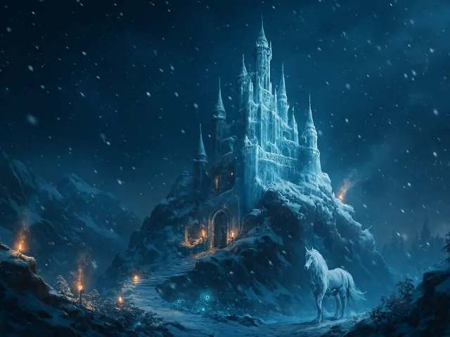 glowing crystal ice castle in a snowy night landscape