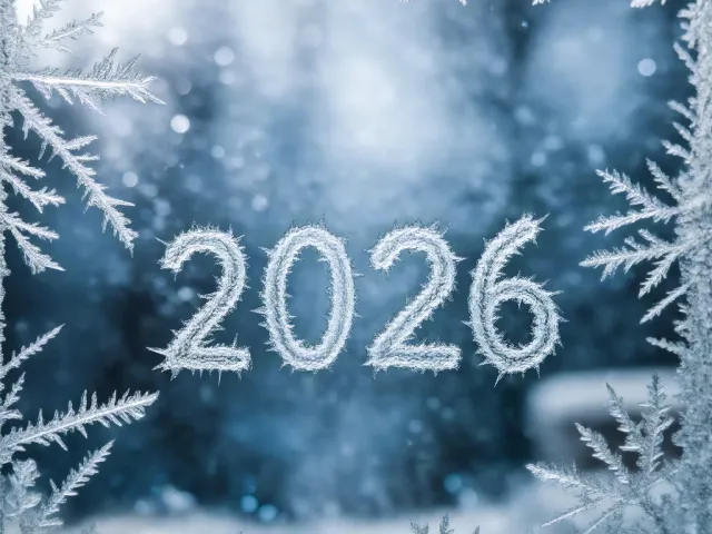frosty branches forming frame around glowing 2026 numbers in blue winter scene