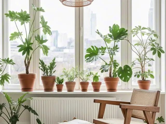 cozy interior with potted plants by a window