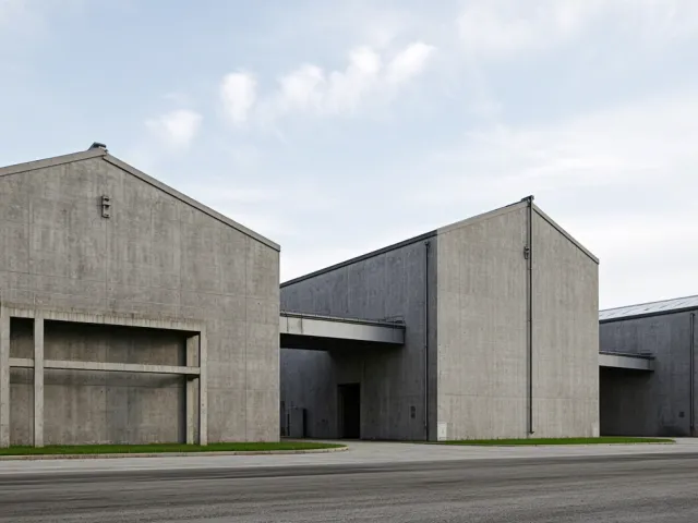 Wide-angle view of modern concrete complex and asphalt road.