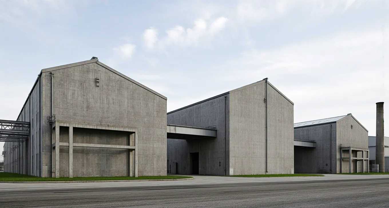 Wide-angle view of modern concrete complex and asphalt road.