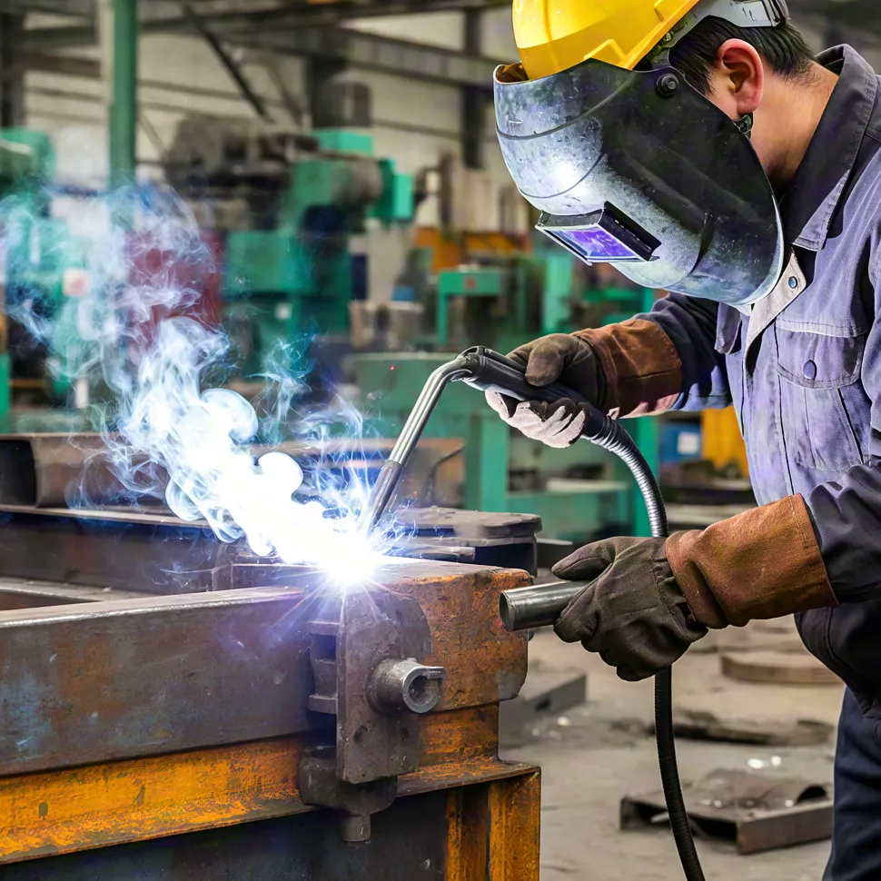 Industrial worker welding steel frame – precision engineering and manufacturing process