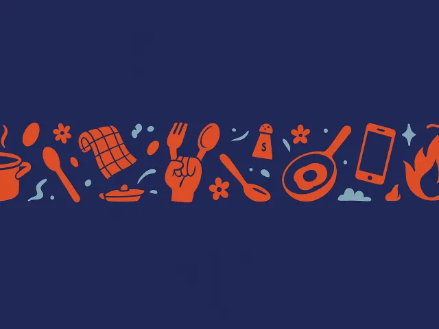 flat kitchen-themed icons arranged on blue background