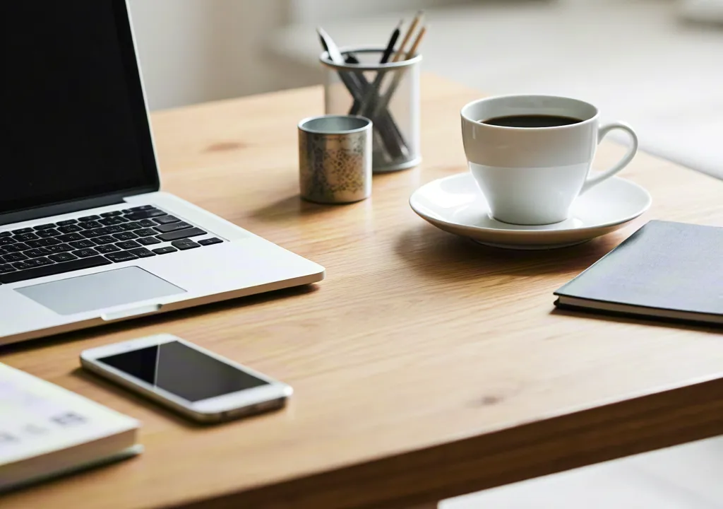 Laptop and coffee cup on desk near bright window