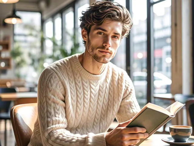 Young man sitting in cozy café reading from tablet with warm light