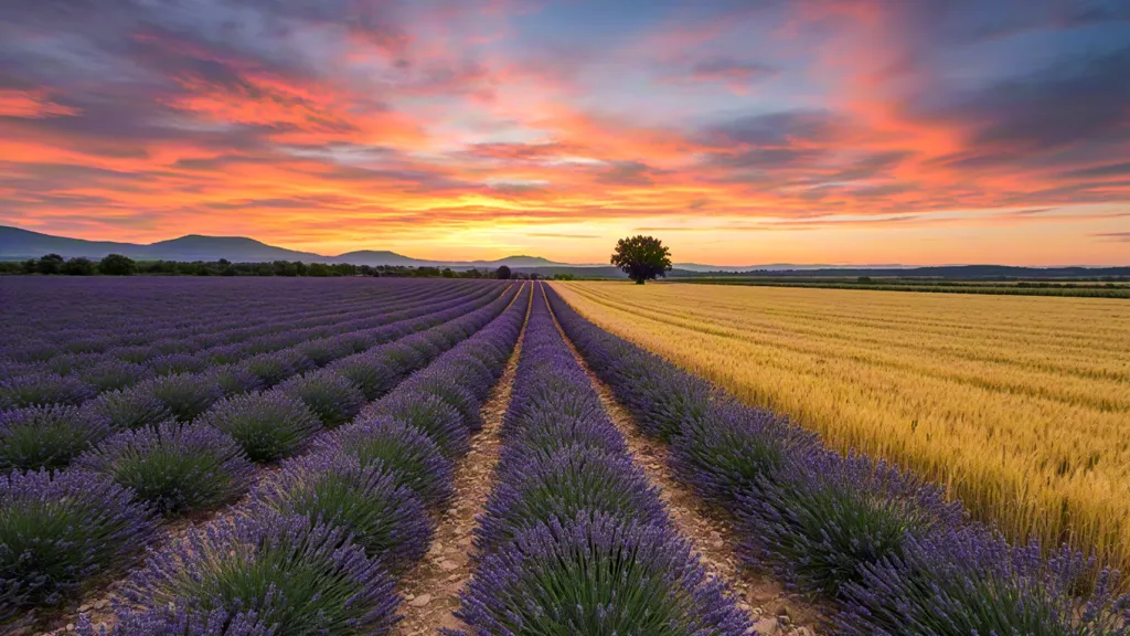 Lavender fields at colorful sunset