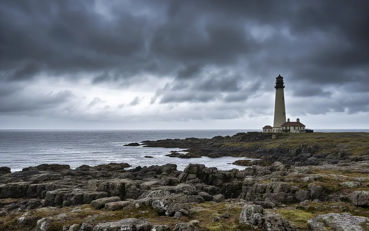 Lighthouse standing on rugged rocks by the sea