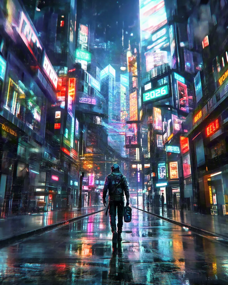 Silhouette of a man walking through a colorful neon-lit rainy street 2026