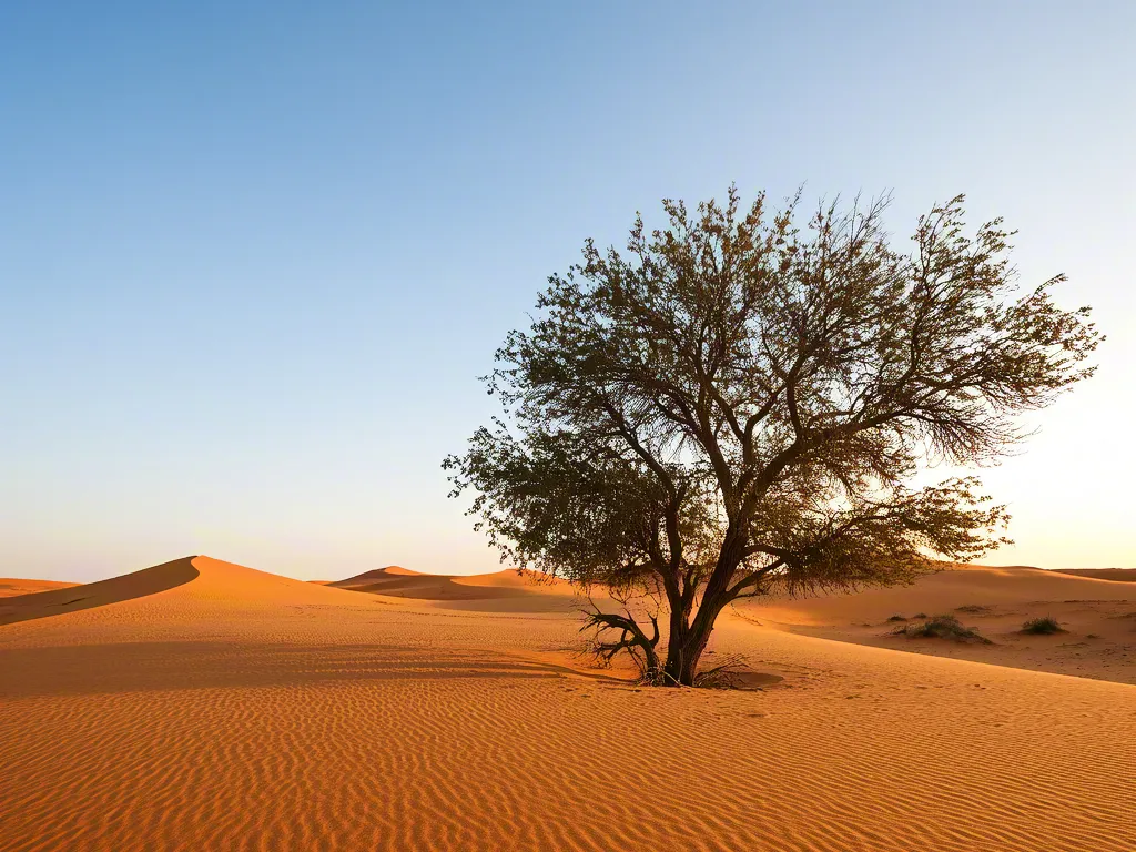 Lone tree standing in desert dunes under clear sky