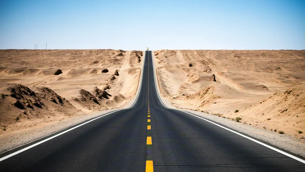 Long desert road stretching to horizon
