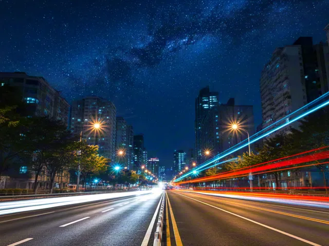 Blurred night traffic lights in modern city