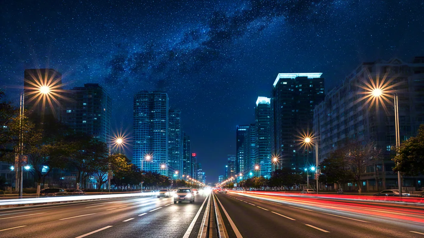 Blurred night traffic lights in cityscape