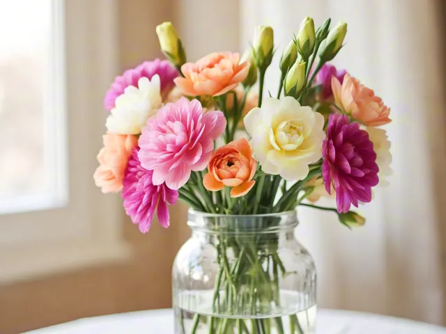 soft natural light on a vase of mixed flowers