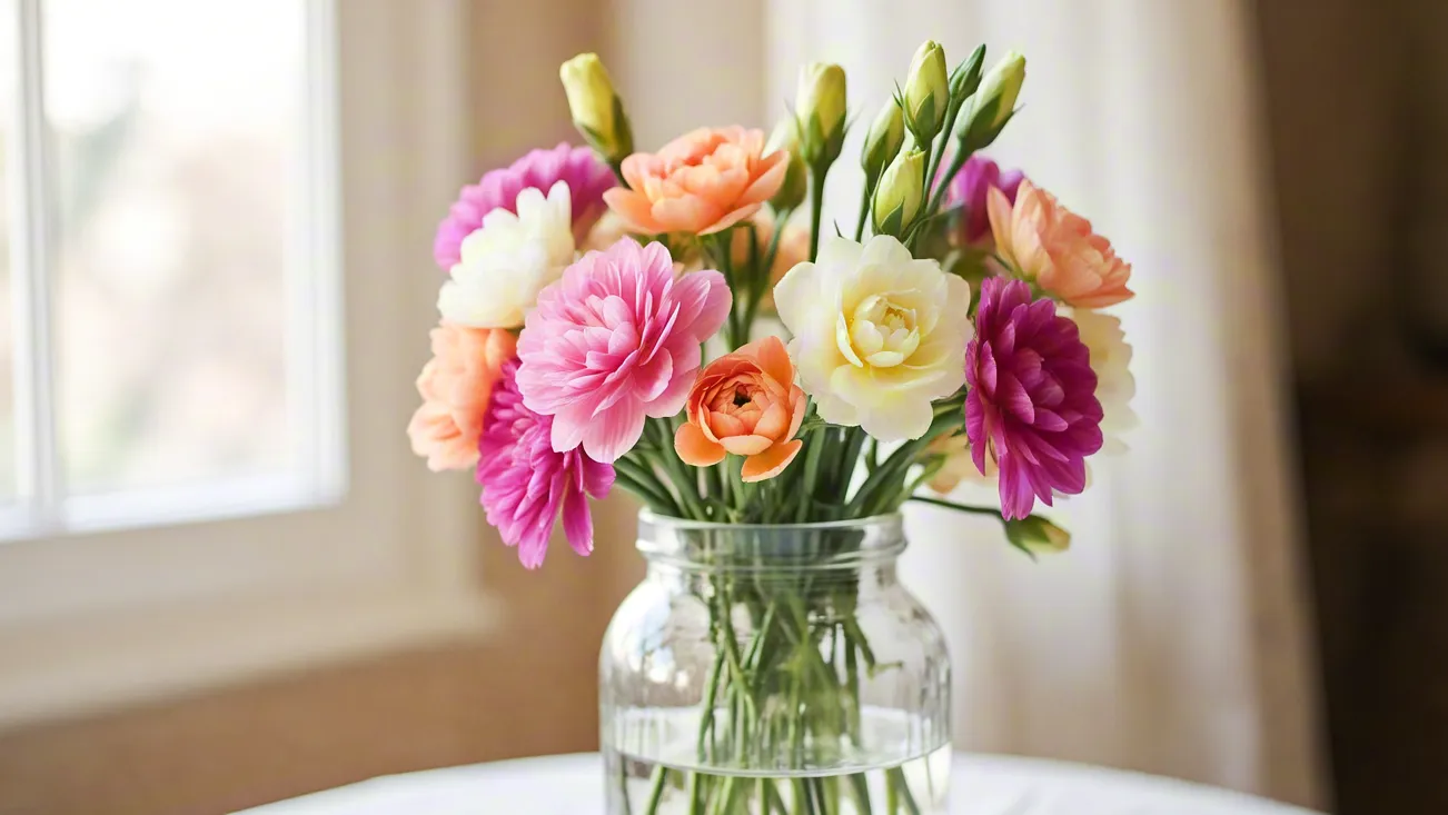 soft natural light on a vase of mixed flowers
