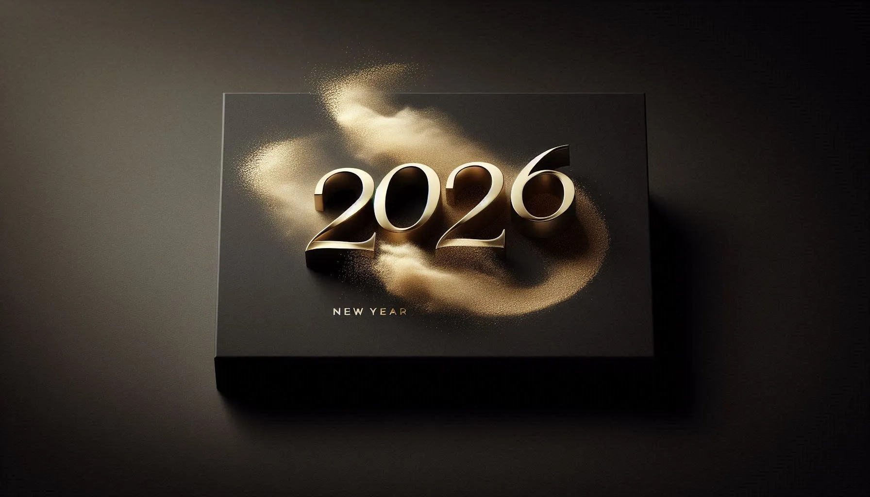 Elegant black card with golden 2026 numbers and swirling metallic light effect