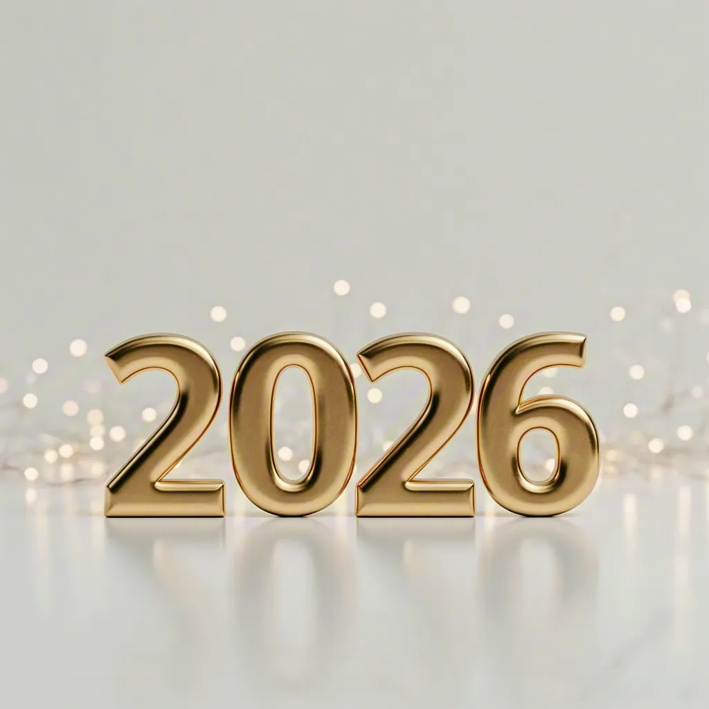 Luxury golden 2026 numbers on glossy surface