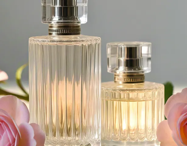 Transparent perfume bottles surrounded by roses and gentle light.