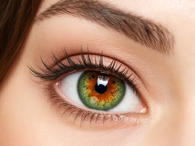 Ultra-detailed macro photo of a hazel-green eye with long eyelashes and sharp reflections