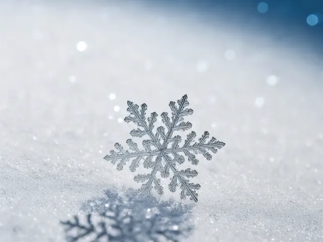 detailed close-up snowflake resting on soft snowy surface