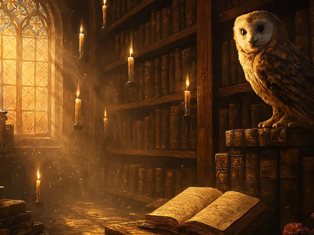 warm glowing library interior with an owl on a book