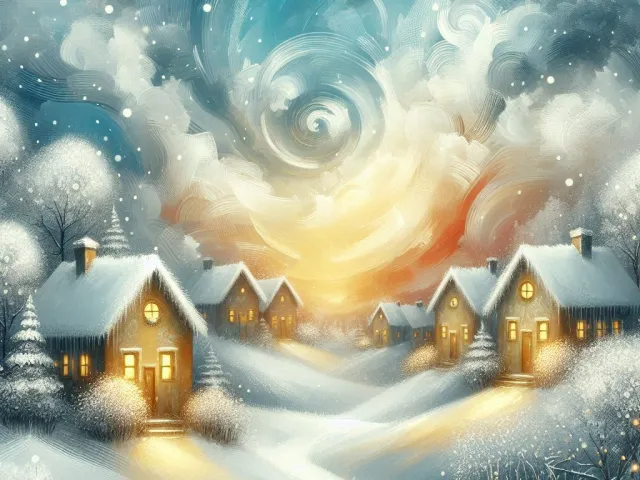 Cozy winter village with glowing houses under a fantastical swirling night sky
