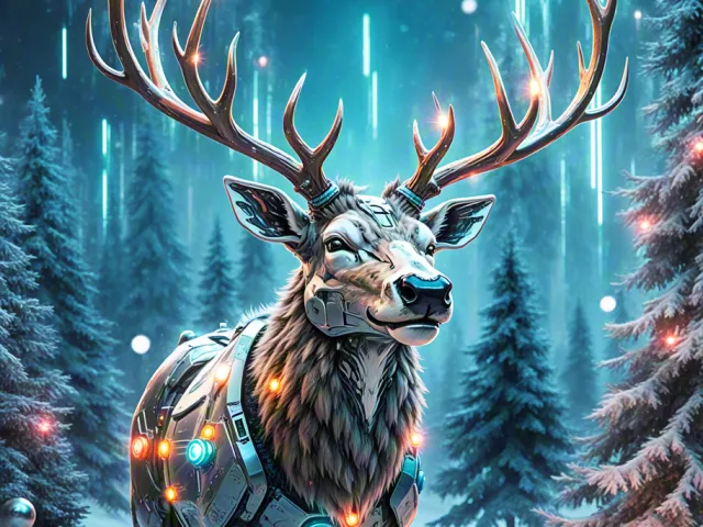 Regal reindeer with glowing ornaments standing in snowy forest